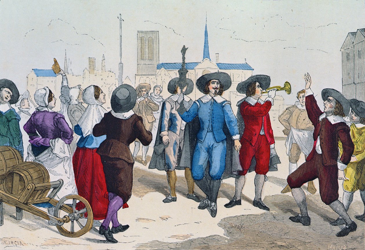 वाइन सेलर्स लुइस XIII (1601-43) के समय सड़कों से गुजरते थे, जो उनके नेता ने &39;कॉस्ट्यूम डे पेरिस ए ट्रैवर्स लेस सीकल्स&39; एड से सिल्वर गोटल लेकर किया था। रॉय, 188 प्रकाशित द्वारा गार्सिया