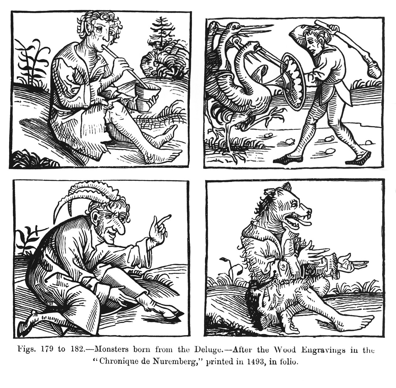 1493 में छपे &39;क्रॉनिक डे नुरेमबर्ग&39; में लकड़ी के उत्कीर्णन के बाद, डेल्यूज से पैदा हुए राक्षस, &39;मध्य युग और नवजागरण में विज्ञान और साहित्य&39; का चित्रण, एक द्वारा जर्मन स्कूल