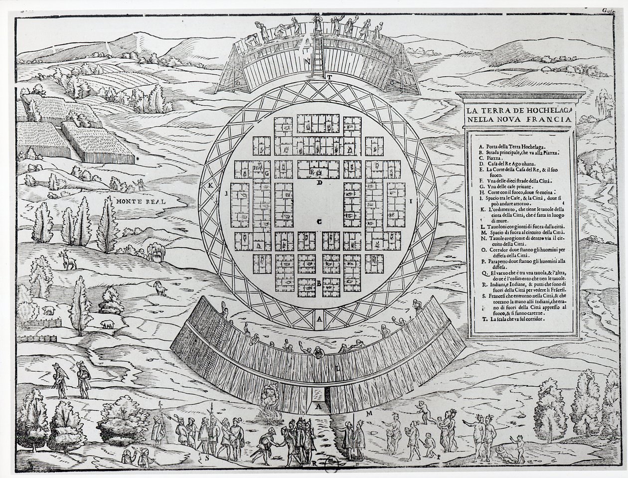 1556 में प्रकाशित गियोवन्नी बतिस्ता रामुसियो (1485-1557) द्वारा &39;होवलेगा (मॉन्ट्रियल) का फाउंडेशन,&39; नेविगेशन की तीसरी मात्रा और यात्रा जिसमें नई दुनिया के लिए नेविगेशन निहित है &39;से। द्वारा इतालवी स्कूल