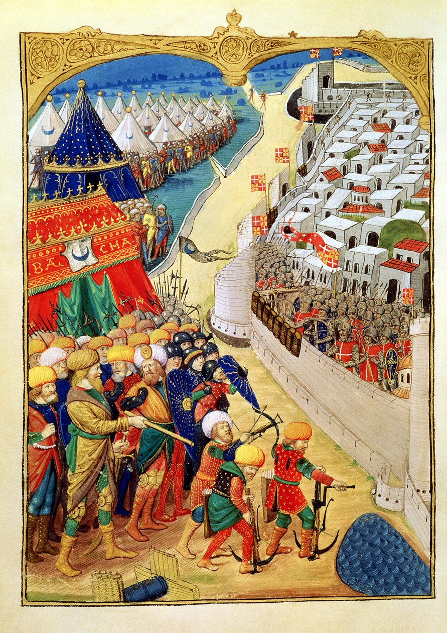 लाट 6067 f.55v 1480 में ग्वाडेल कोरेसिन द्वारा &39;ए हिस्ट्री ऑफ़ द रोड्स ऑफ़ रोड्स&39; से 1480 में रोड्स की दीवारों के बाहर लड़ाई के लिए तैयार तुर्की की सेनाएँ द्वारा कार्डिनल डे बॉर्बन के मास्टर