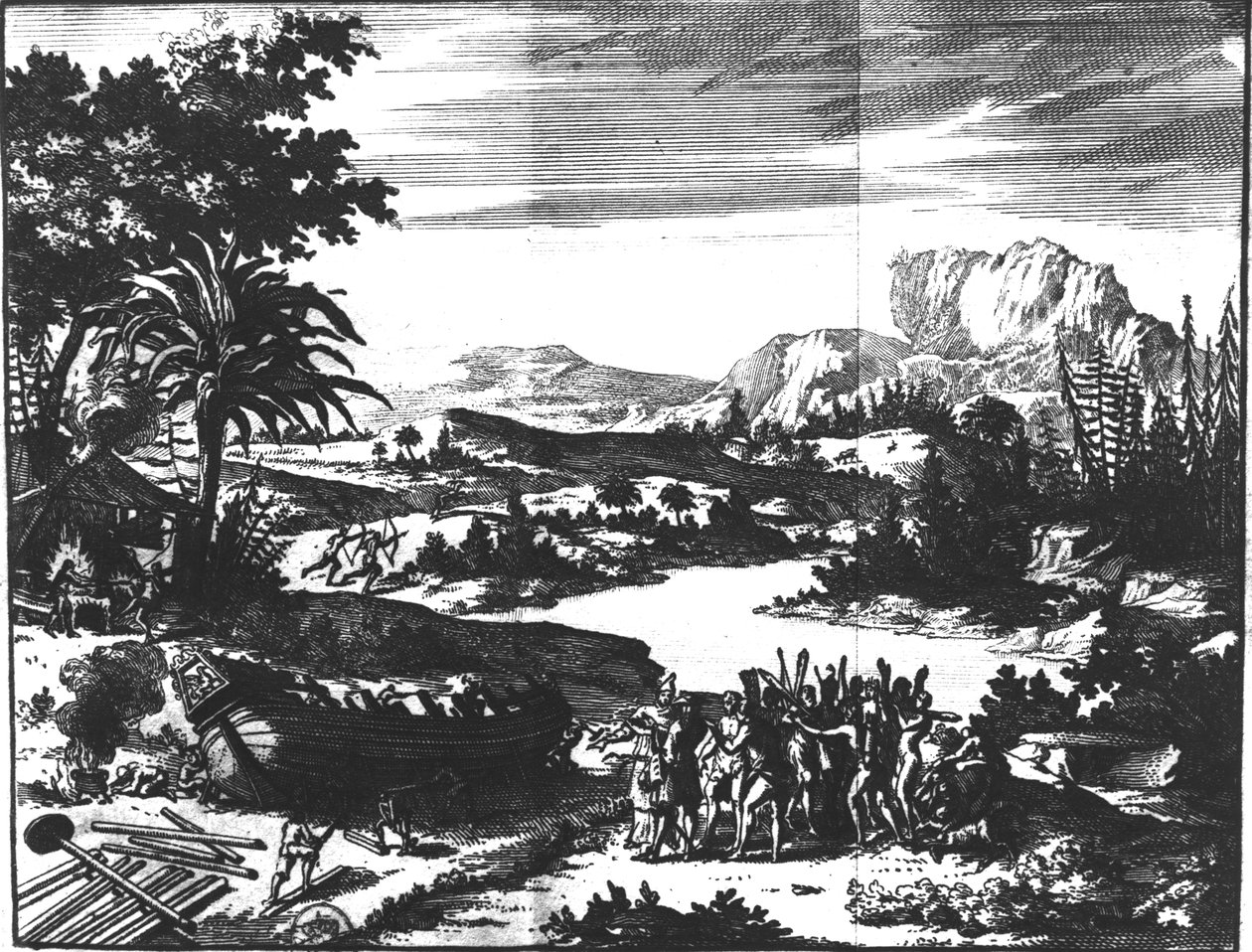 रेने रॉबर्ट कैवेलियर डी ला सैले (1643-87) के &39;ग्रिफ़ॉन&39; का निर्माण, एरी झील के किनारे पर, &39;एम डे हेन्नेपिन और एम डे ला बॉर्डे की उत्सुक यात्रा&39;, 1711 द्वारा नीदरलैंड के स्कूल