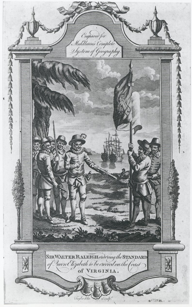 सर वाल्टर रैले (1552-1618) ने वर्जीनिया के तट पर 1584 में क्वीन एलिजाबेथ के मानक का आदेश दिया, जिसे &39;मिडलटन की संपूर्ण प्रणाली भूगोल&39; के लिए कलाकार ने उकेरा था। द्वारा टेलर