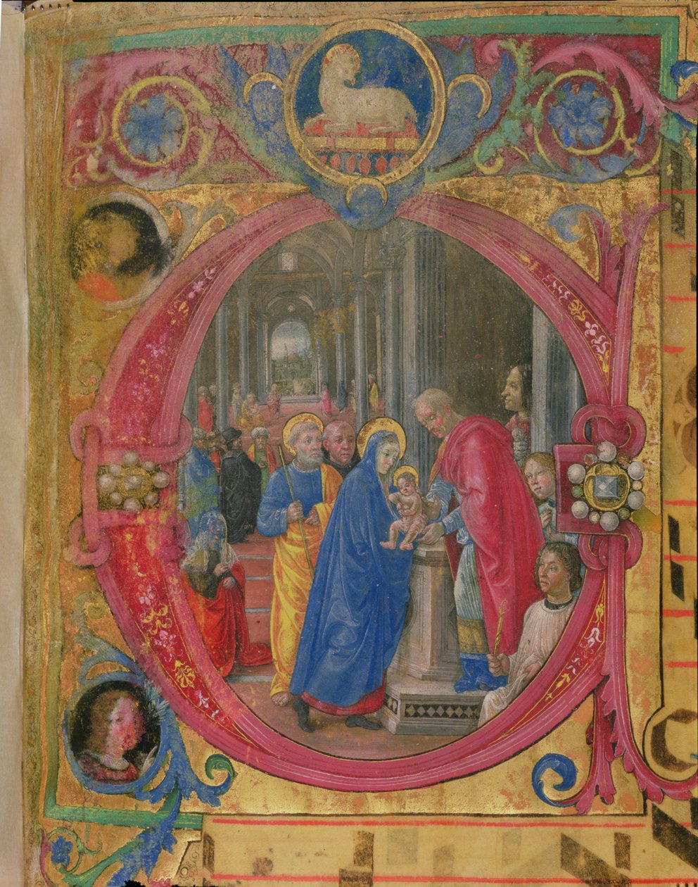 कोरले बी 26 c.113r ऐतिहासिक प्रारंभिक &39;सी&39; मंदिर में प्रस्तुति का चित्रण, दायीं ओर एक स्तंभ द्वारा लोरेंजो द मैग्निफिशेंट (1449-92) के चित्र के साथ द्वारा टॉमसो डि बाल्डासरे