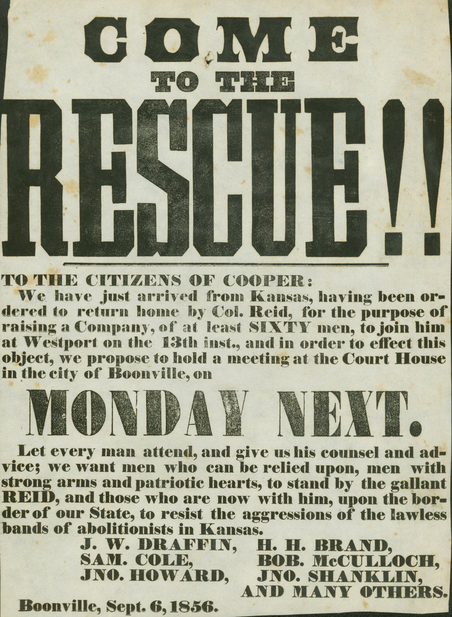 वेस्टपोर्ट में कर्नल रीड से जुड़ने के लिए कम से कम 60 पुरुषों की भर्ती की घोषणा; कैनसस में उन्मूलनवादियों की कानूनन आक्रामकता का मुकाबला करने के लिए बूनविले में कोर्ट हाउस में बैठक आयोजित की गई द्वारा अज्ञात