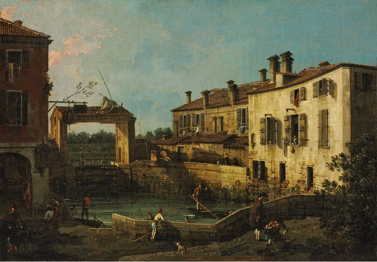 L'ecluse de Dolo - The Lock at Dolo, Canaletto (1697-1768) द्वारा। कैनवास पर तेल, सी. 1763. आयाम: 30,5x44,5 सेमी। ज़ेपमुवेस्ज़ेती मुज़ेम, बुडापेस्टो द्वारा कानालेत्तो