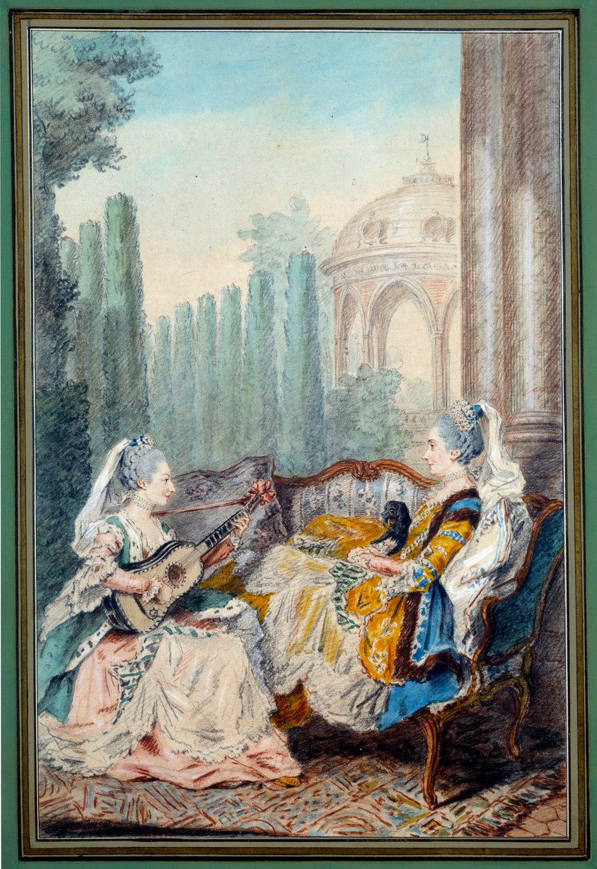 लुई कारोगिस डिट कारमोंटेल (1717-1806) 18वीं सदी द्वारा वाटर कलर संगीत कर रही दो युवा लड़कियां पेरिस, मुसी कार्नावाले द्वारा कारमोंटेल
