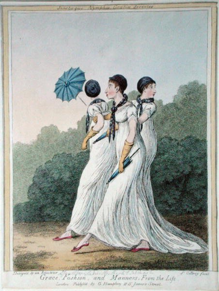 ग्रेस, फैशन एंड मैनर्स फ्रॉम लाइफ, एच्च्ड बाय जेम्स गिल्रे (1757-1815) जी. हम्फ्री द्वारा प्रकाशित (हाथ के रंग की नक़्क़ाशी) द्वारा (बाद में) अंग्रेजी स्कूल