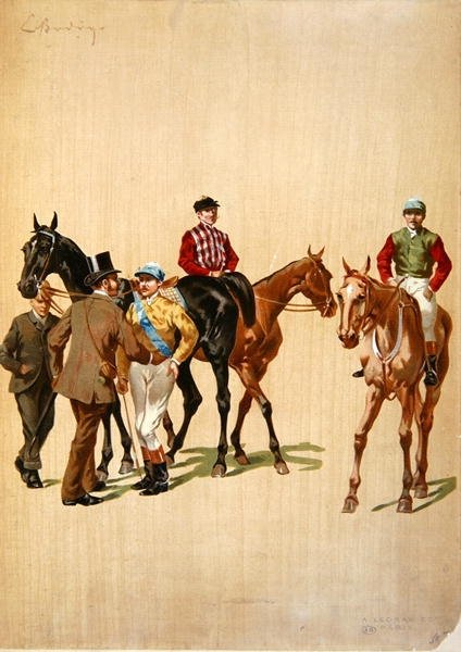 रेसकोर्स पर जॉकी, c.1875 (कलर लिथो) द्वारा (बाद में) फ्रेंच स्कूल