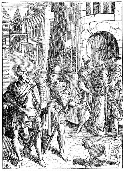 प्रोवोस्ट की जेल, रुए डे ला टैनेरी, पेरिस, जोस डी डमहौडर (1507-81) द्वारा प्रकाशित 'प्रैक्सिस रेरम सिविलियम' में एक लकड़बग्घा के बाद एंटवर्प प्रकाशित द्वारा (बाद में) फ्रेंच स्कूल