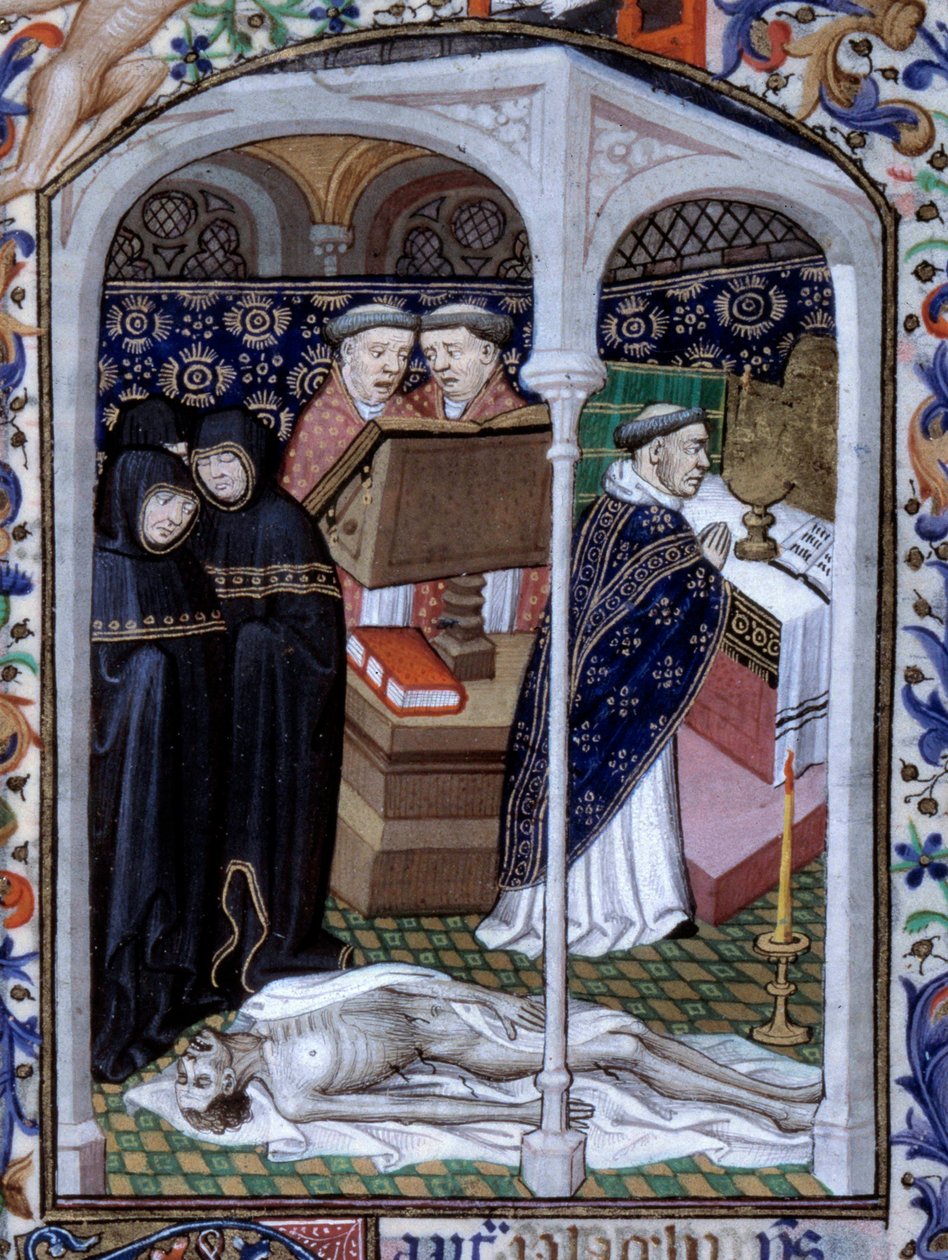 फनब्रे सेरेमनी और मैकाब्रे डांस का दृश्य एटेलियर डू मैत्रे डी बौसीकॉट द्वारा प्रकाशित "बुक ऑफ आवर्स" से पेरिस में लिया गया लघुचित्र, लगभग 1415। द्वारा (और कार्यशाला) Boucicaut मास्टर