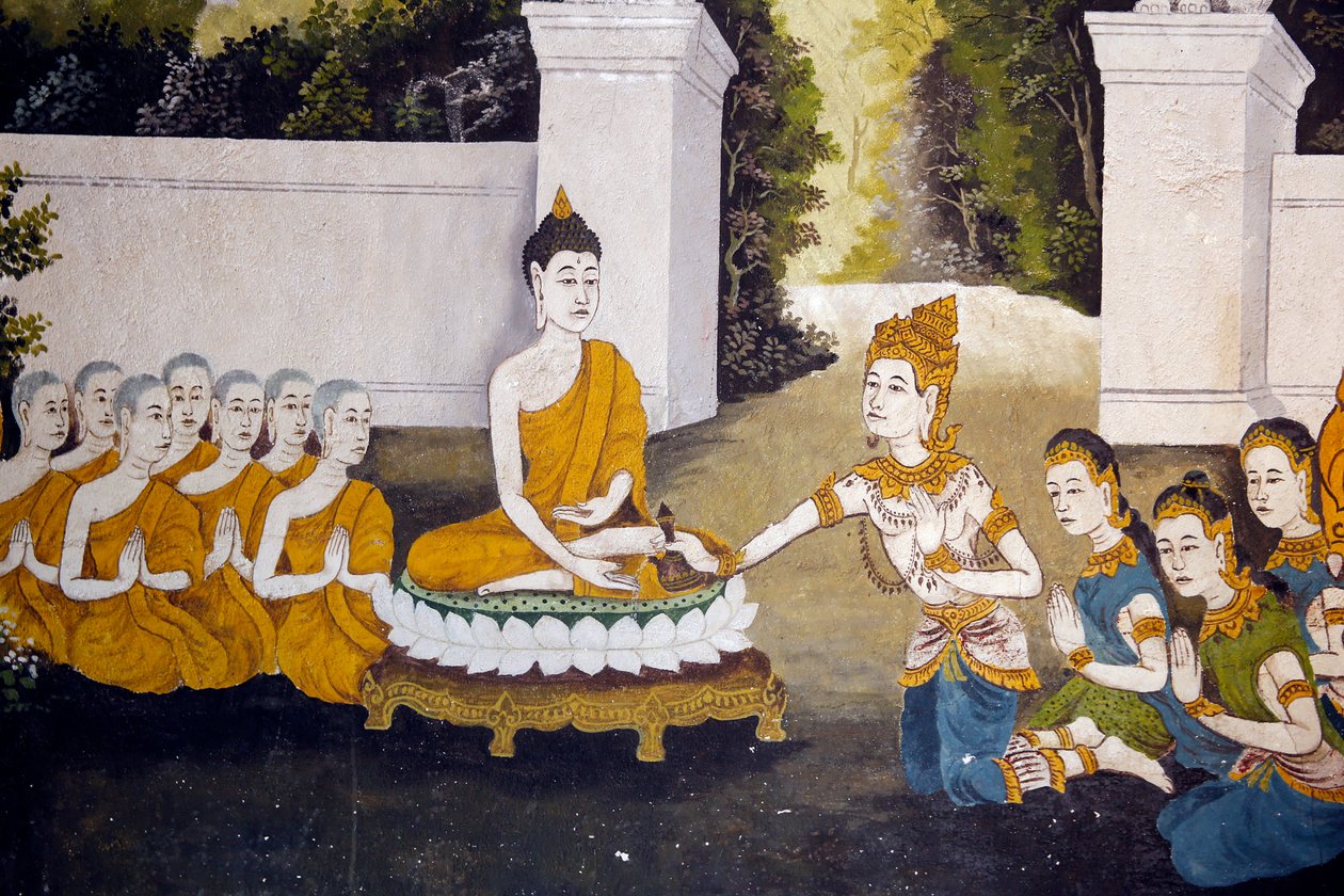 फ्रेश्को, वाट फ्रा दोई सुथेप, चियांग माई में बुद्ध के जीवन के एक दृश्य का चित्रण करते हैं। बुद्ध को भिक्षा प्राप्त करना। थाईलैंड द्वारा अज्ञात