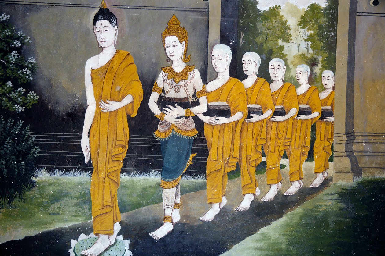 फ्रेश्को, वाट फ्रा दोई सुथेप, चियांग माई में बुद्ध के जीवन के एक दृश्य का चित्रण करते हैं। बुद्ध और भिक्षु एक आलम दौर पर। थाईलैंड द्वारा अज्ञात