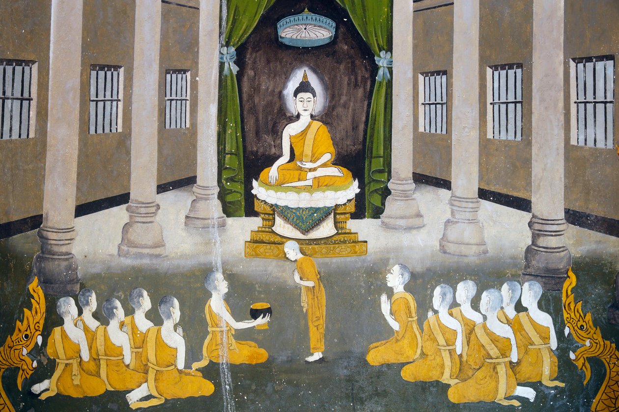 फ्रेश्को, वाट फ्रा दोई सुथेप, चियांग माई में बुद्ध के जीवन के एक दृश्य का चित्रण करते हैं। बुद्ध अपने संग के साथ। rThailand द्वारा अज्ञात