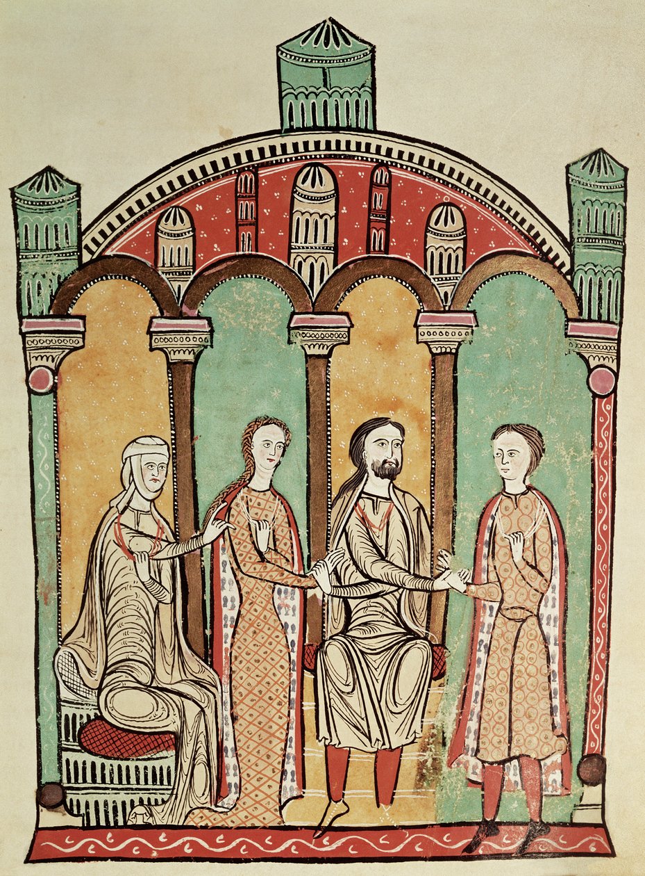 लिबर फ्यूडोरम: विवाह दृश्य (एनॉन), स्पेनिश स्कूल 12 वीं शताब्दी द्वारा अज्ञात