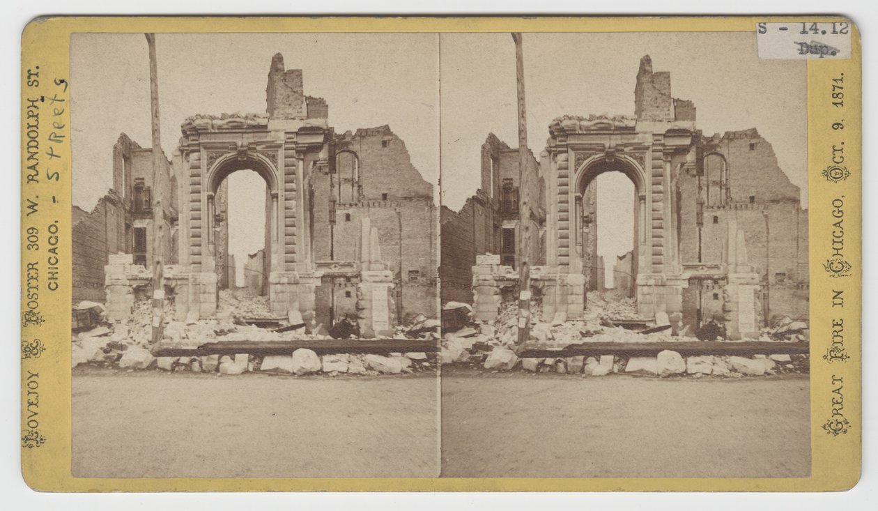 1871 के शिकागो फायर के बाद वाशिंगटन स्ट्रीट पर खंडहरों के दृश्य की स्टिरोग्राफ द्वारा अमेरिकी फोटोग्राफर