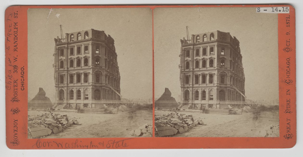 1871 के शिकागो फायर के बाद प्रथम नेशनल बैंक के दृश्य की स्टिरोग्राफ द्वारा अमेरिकी फोटोग्राफर