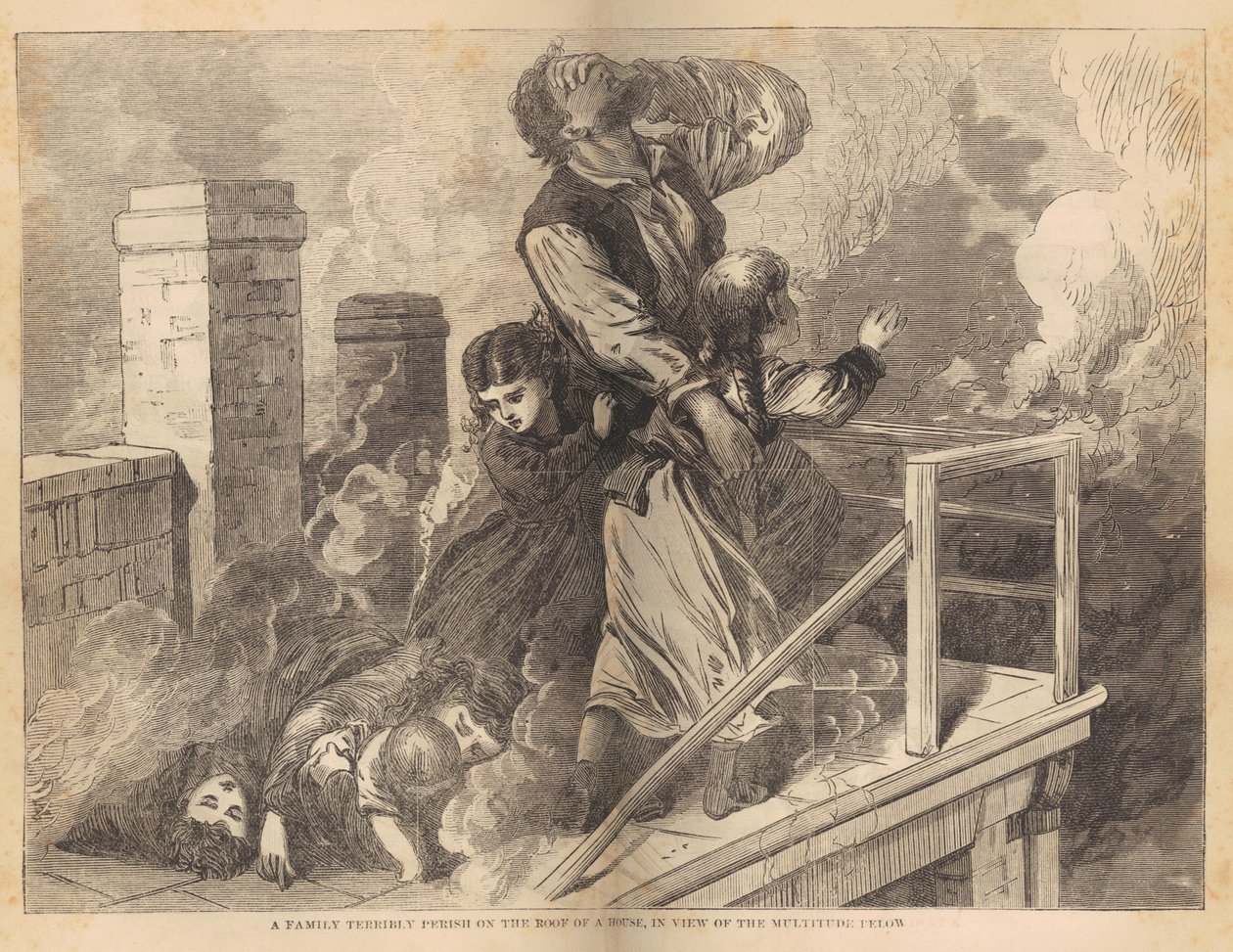 1871 के शिकागो फायर के दौरान एक घर की छत पर फँसा एक परिवार, शिकागो में ग्रेट फायर से और रेव से ईजे गुडस्पीड, c.1871 द्वारा अमेरिकी स्कूल