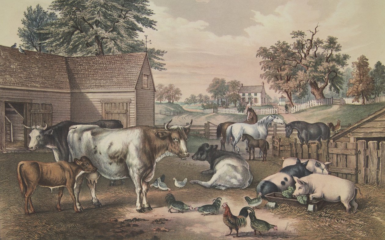 अमेरिकन फार्म यार्ड - शाम, पब। 1857, क्यूरियर और इवेस द्वारा अमेरिकी स्कूल