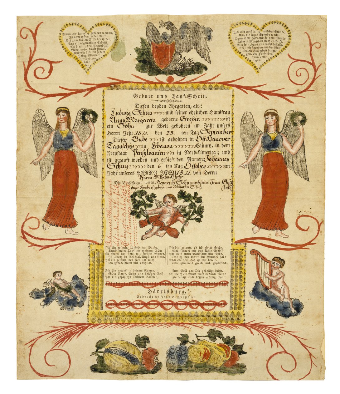 जन्म और बपतिस्मा प्रमाणपत्र, सी। 1828 (रखी कागज पर हाथ से सजी लकड़ी) द्वारा अमेरिकी स्कूल