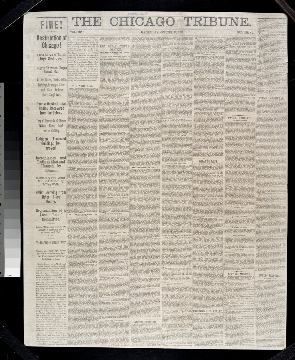 1871, 1871 की शिकागो फायर के बारे में शिकागो ट्रिब्यून का फ्रंट पेज द्वारा अमेरिकी स्कूल