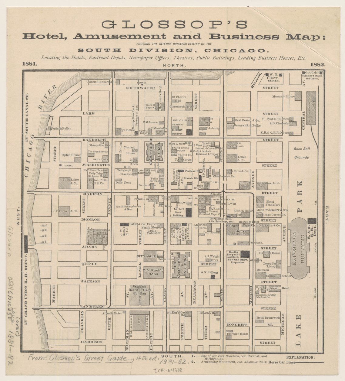 Glossops Hotel, मनोरंजन और व्यापार मानचित्र, c.1881-82 द्वारा अमेरिकी स्कूल