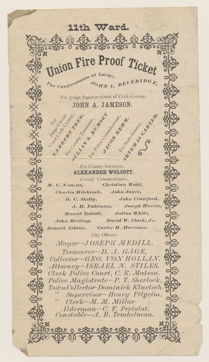 11 वीं वार्ड यूनियन फायर प्रूफ टिकट, शिकागो, 1871 की हैंडबिल द्वारा अमेरिकी स्कूल