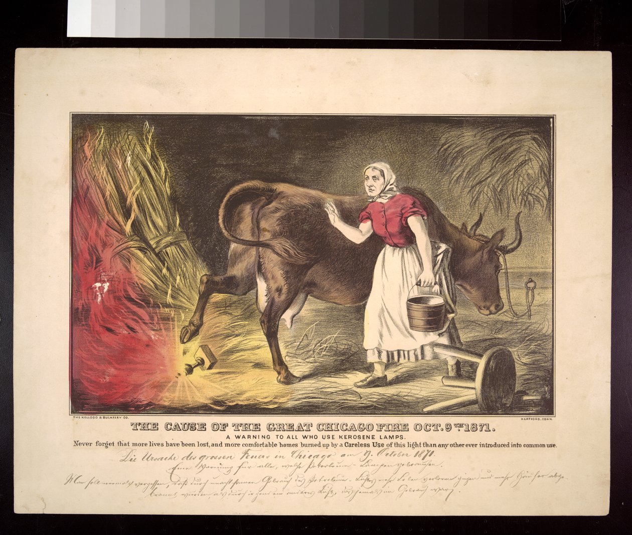 केट ओलेरी ने अपनी गाय के साथ लालटेन खटखटाया, 1871 की शिकागो फायर की पौराणिक शुरुआत, c.1872 द्वारा अमेरिकी स्कूल