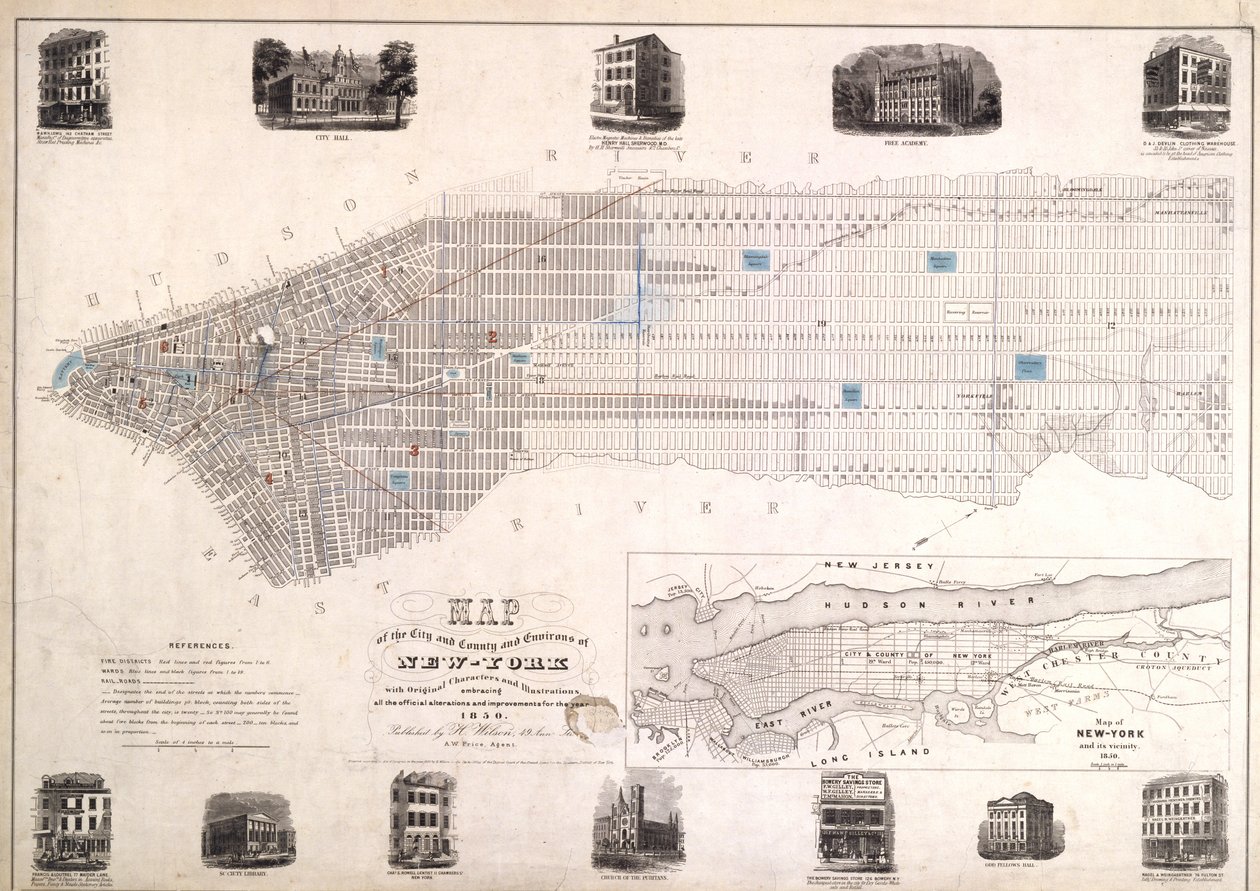 मूल पात्रों और भ्रम, 1850, 1850 (कागज पर काली स्याही, कपड़े के साथ समर्थित) के साथ शहर और काउंटी के न्यूयॉर्क के मानचित्र द्वारा अमेरिकी स्कूल