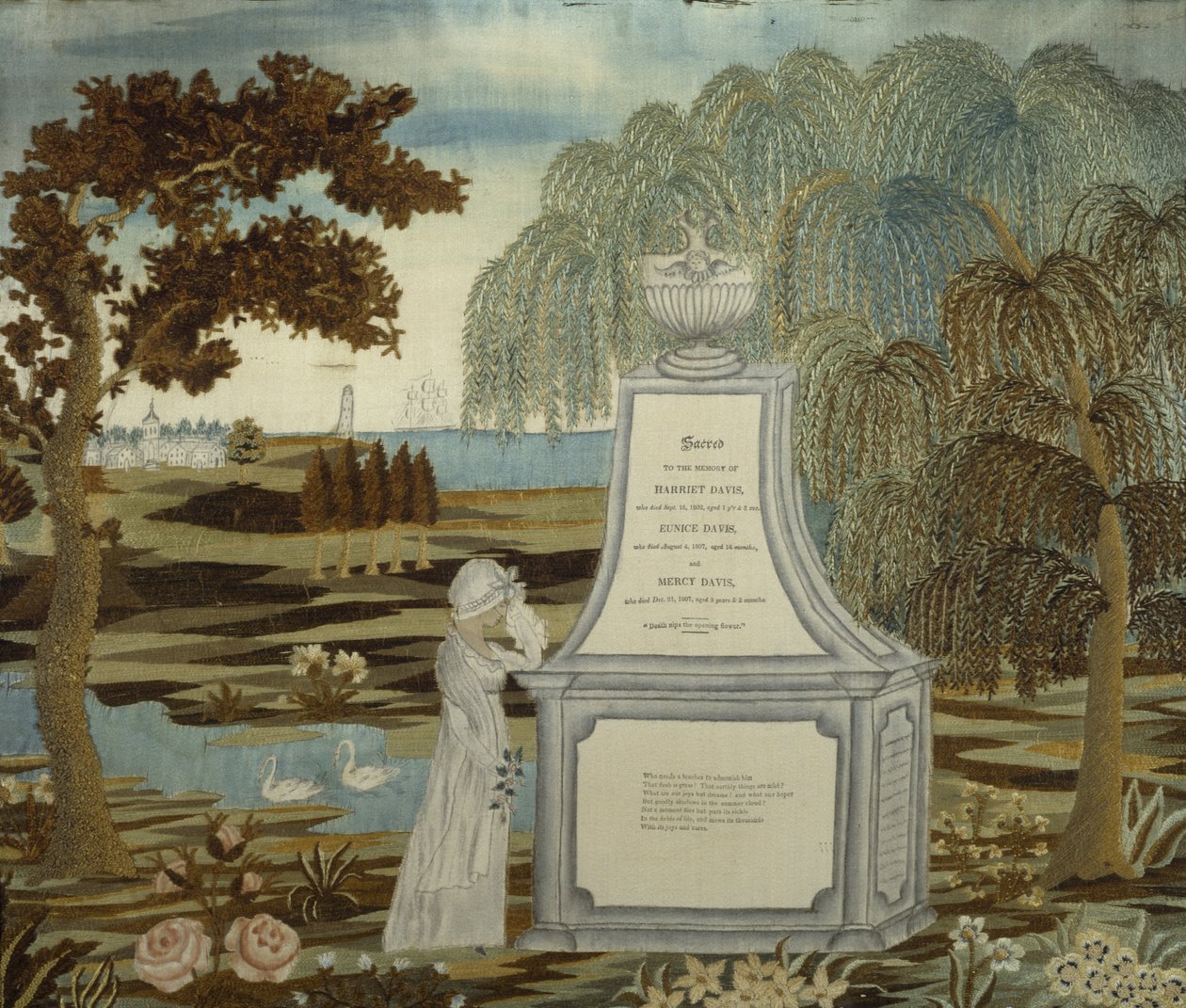 स्मारक कशीदाकारी चित्र, दिनांक 1807, काम किया 1820-1826 (रेशम, स्याही, कागज, और पानी के रंग) द्वारा अमेरिकी स्कूल