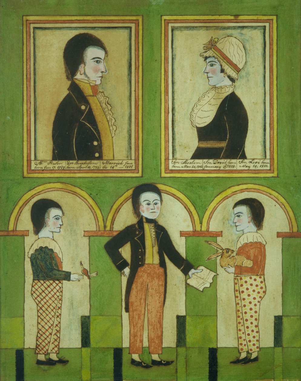 अब्राहम पिक्सलर फैमिली, c.1815 (wc, pen, ink, और gouache on paper) द्वारा अमेरिकी स्कूल