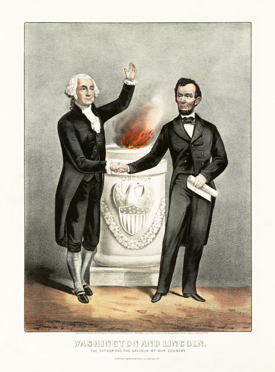 वाशिंगटन और लिंकन द फादर एंड सेवियर ऑफ अवर कंट्री, पब। 1865 द्वारा अमेरिकी स्कूल