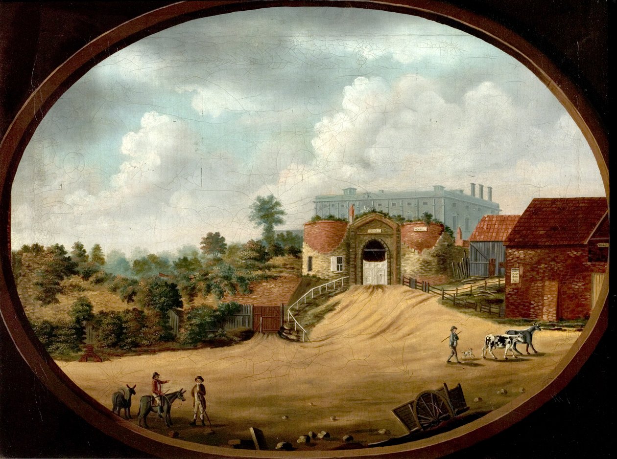 प्राचीन गेटवे और कैसल का दृश्य, नॉटिंघम, c.1795 द्वारा ब्रिटिश स्कूल