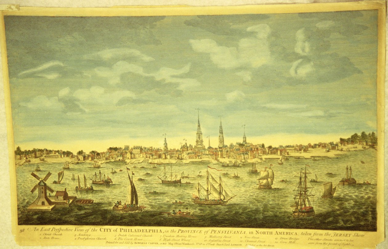 फिलाडेल्फिया शहर का एक पूर्व परिप्रेक्ष्य, c.1790 (हाथ से बने उत्कीर्णन) द्वारा अंग्रेजी स्कूल