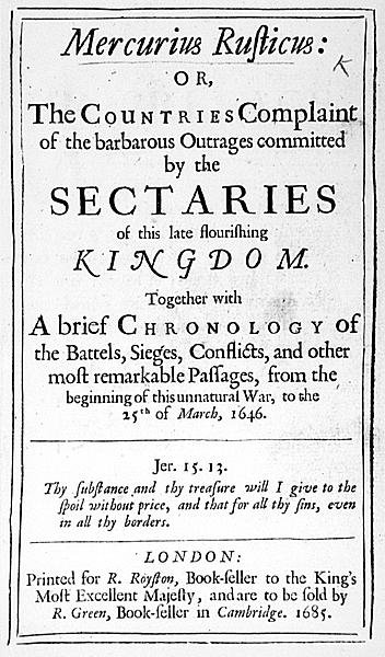 1685 में प्रकाशित Mercurius Rusticus का फ्रंट पेज द्वारा अंग्रेजी स्कूल
