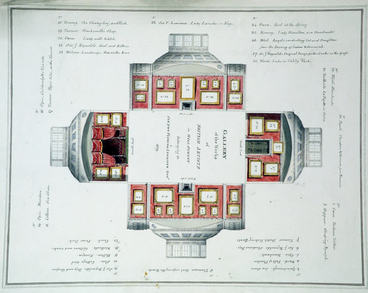 सर जॉन लीसेस्टर गैलरी, हिल स्ट्रीट, c.1806 की लटकती योजना (कागज पर पेंसिल से) द्वारा अंग्रेजी स्कूल