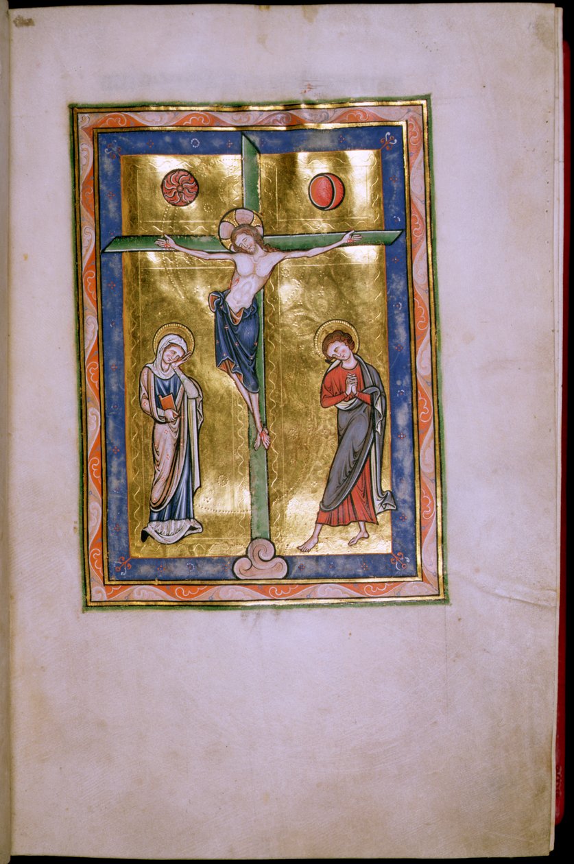 सेंट और जॉन के साथ Ms.12.f12r Crucifixion, पीटरबरो सोल्डर से c.1260 द्वारा अंग्रेजी स्कूल
