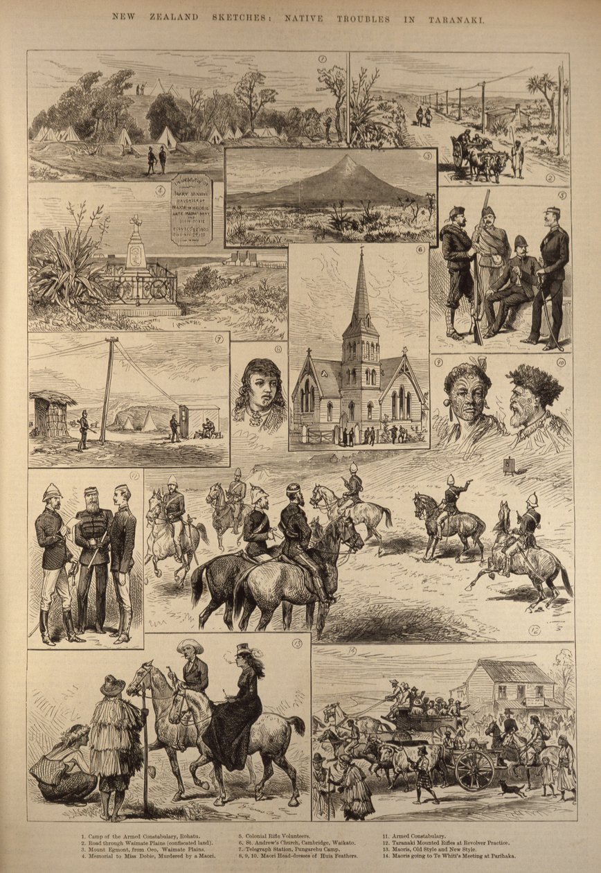 न्यूज़ीलैंड स्केच: द इलस्ट्रेटेड लंदन न्यूज़, 28 जनवरी 1882 से तारानकी में मूल निवासी समस्याएँ द्वारा अंग्रेजी स्कूल