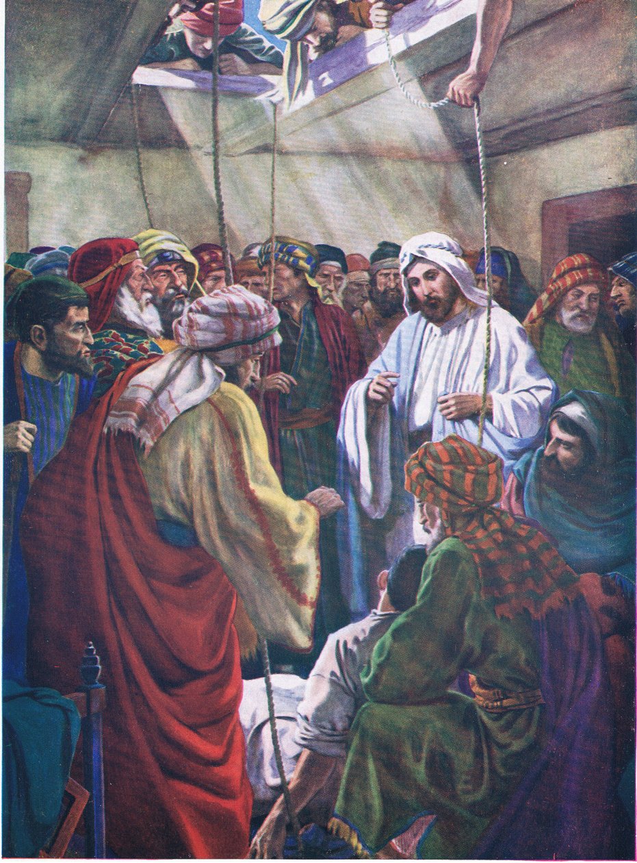 थॉमस नेल्सन द्वारा प्रकाशित द बाइबल पिक्चर बुक से चार दोस्तों के साथ आदमी, c.1950 द्वारा अंग्रेजी स्कूल