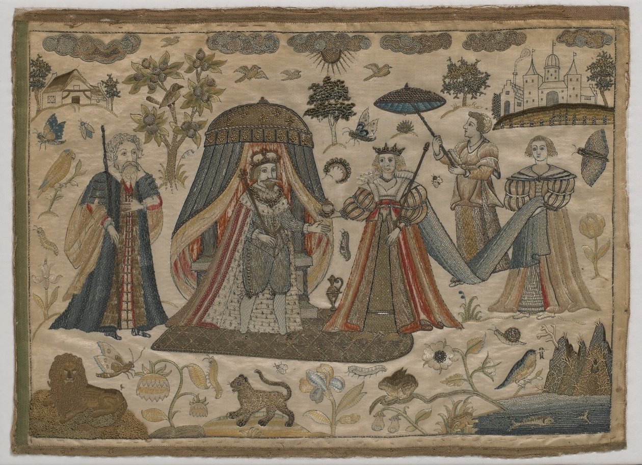 राजा सोलोमन और शबा की रानी की बैठक, c.1650 (फ्लैट रेशम कढ़ाई) द्वारा अंग्रेजी स्कूल