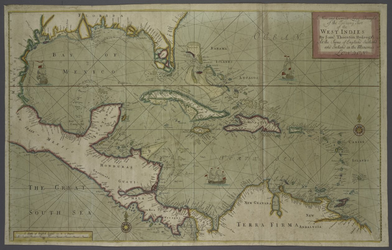 वेस्टइंडीज का व्यापार मानचित्र, 1707 (हाथ से रंगीन प्रिंट) द्वारा अंग्रेजी स्कूल
