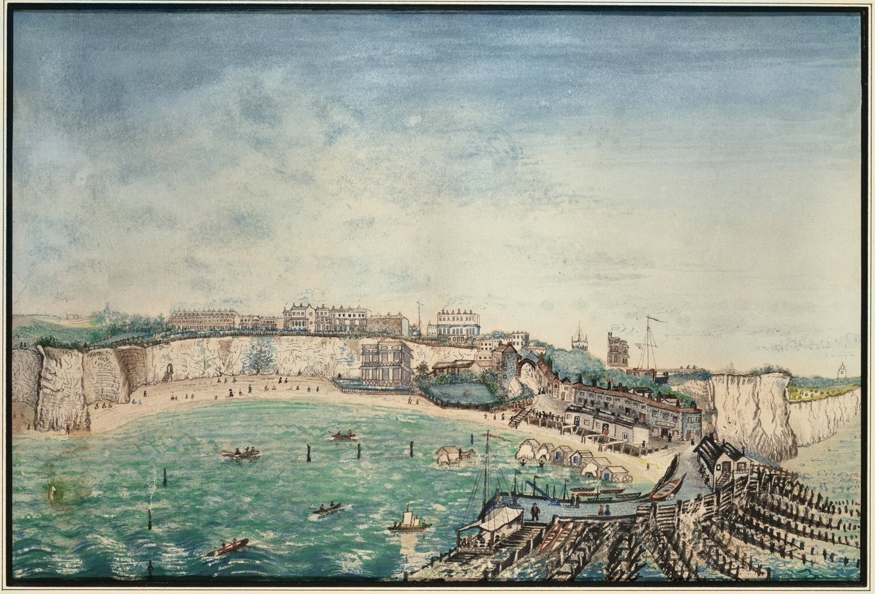 ब्रॉडस्टेयर, केंट में समुद्र तट और हार्बर का दृश्य, c.1830 (कागज पर wc) द्वारा अंग्रेजी स्कूल