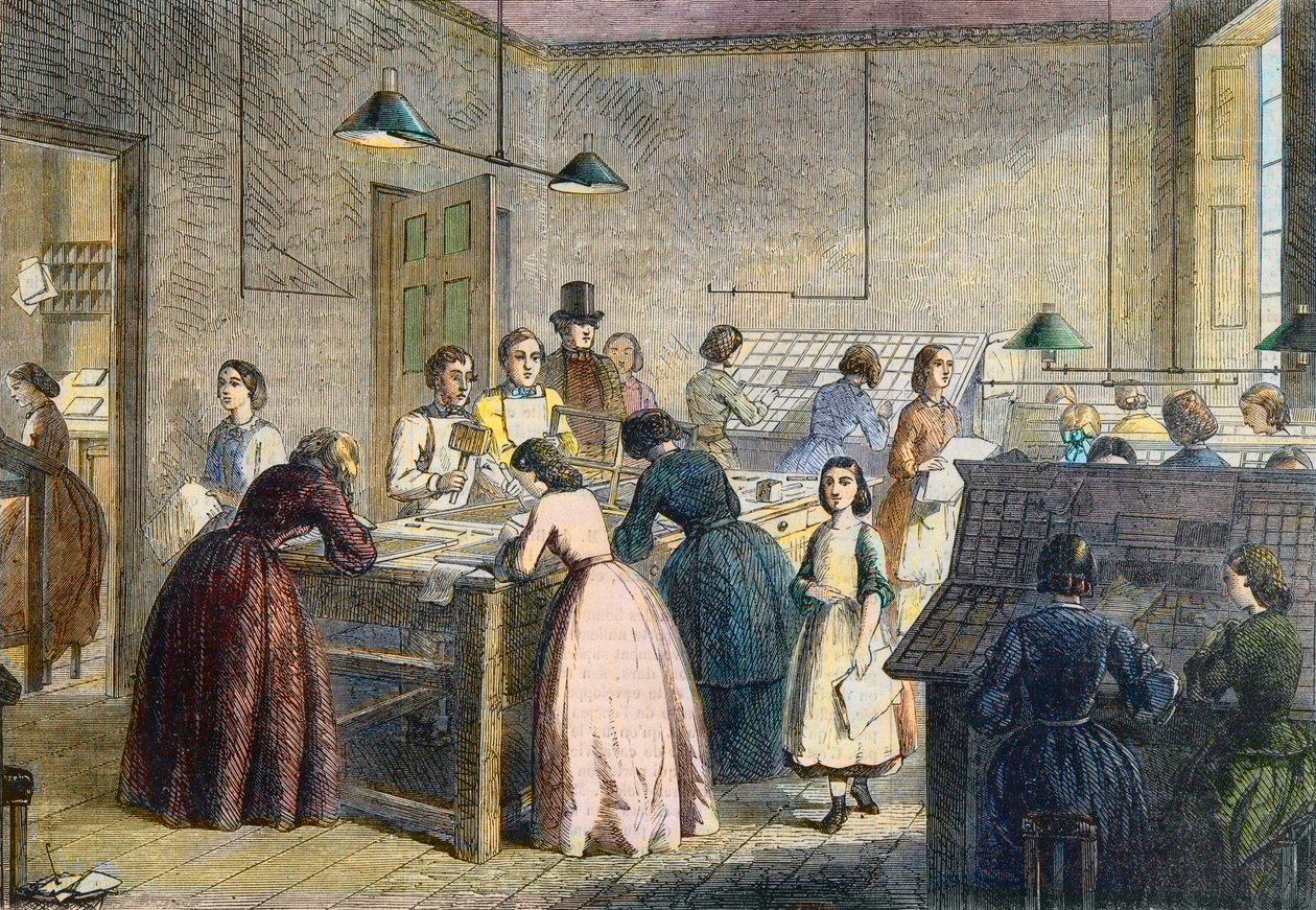 1860 में विक्टोरिया प्रेस, ग्रेट कोरम स्ट्रीट, लंदन के मुद्रण कार्यालय में महिला रचनाकार। द्वारा अंग्रेजी स्कूल