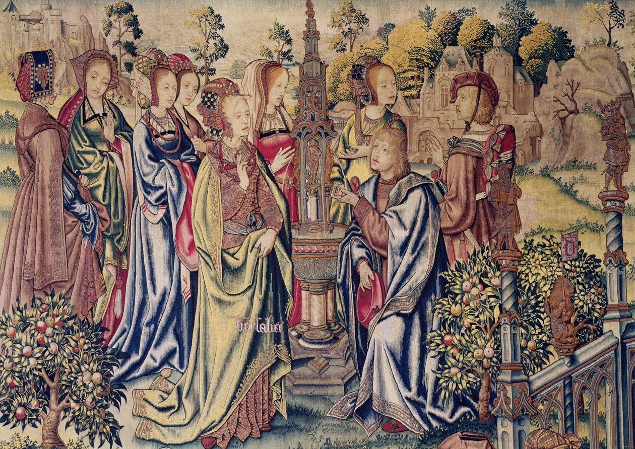 बाथशीबा को डेविड से फव्वारे पर दो संदेशवाहक मिले, c.1510-15 द्वारा फ्लेमिश स्कूल