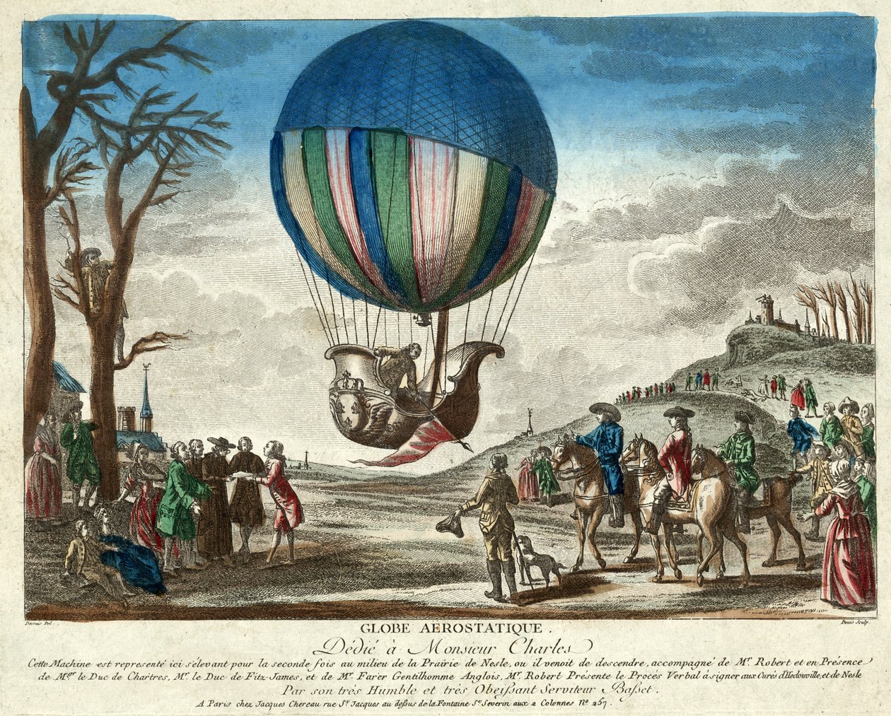एरोस्टैटिक ग्लोब, महाशय चार्ल्स को समर्पित, पब। 1783 (हाथ के रंग का उत्कीर्णन) द्वारा फ्रेंच स्कूल