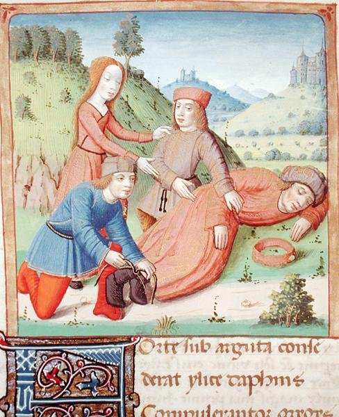 सुश्री 493 f.12v स्लीपिंग सिलीनस को चरवाहों और ऐगल द्वारा बंधाया गया है, द इग्लॉग्स फ्रॉम द वर्जिल्स द्वारा सेवारियस द्वारा एक टिप्पणी द्वारा फ्रेंच स्कूल