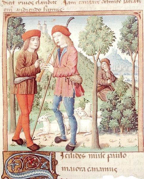 सुश्री 493 fol.8r चरवाहों के बीच एक बैठक, लेस बुकोलिक्स से वर्जिल द्वारा सर्वियस द्वारा टिप्पणी के साथ, 1469 द्वारा फ्रेंच स्कूल