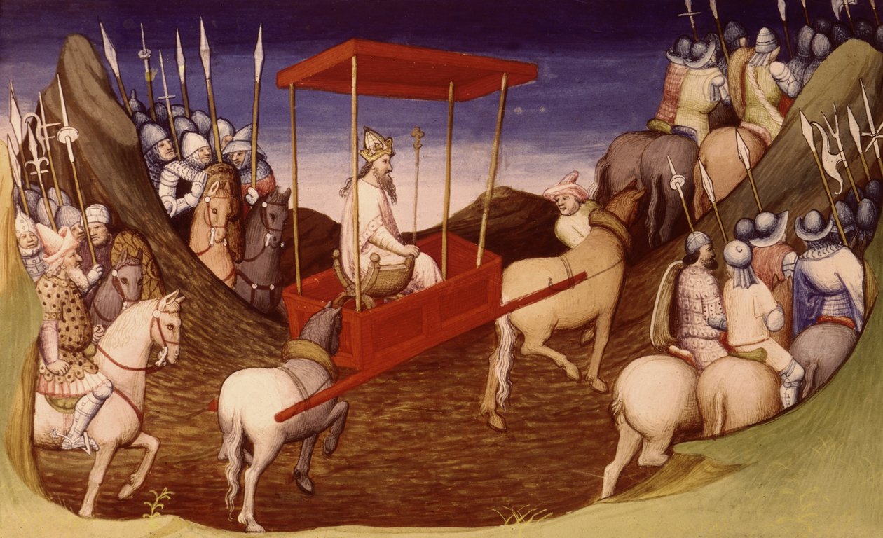 Ms Fr 2810 f.204, द ग्रेट खान अपने एस्कॉर्ट के साथ दुनिया के अजूबों से, c.1410-12 (वेल्लम पर तड़का) द्वारा फ्रेंच स्कूल