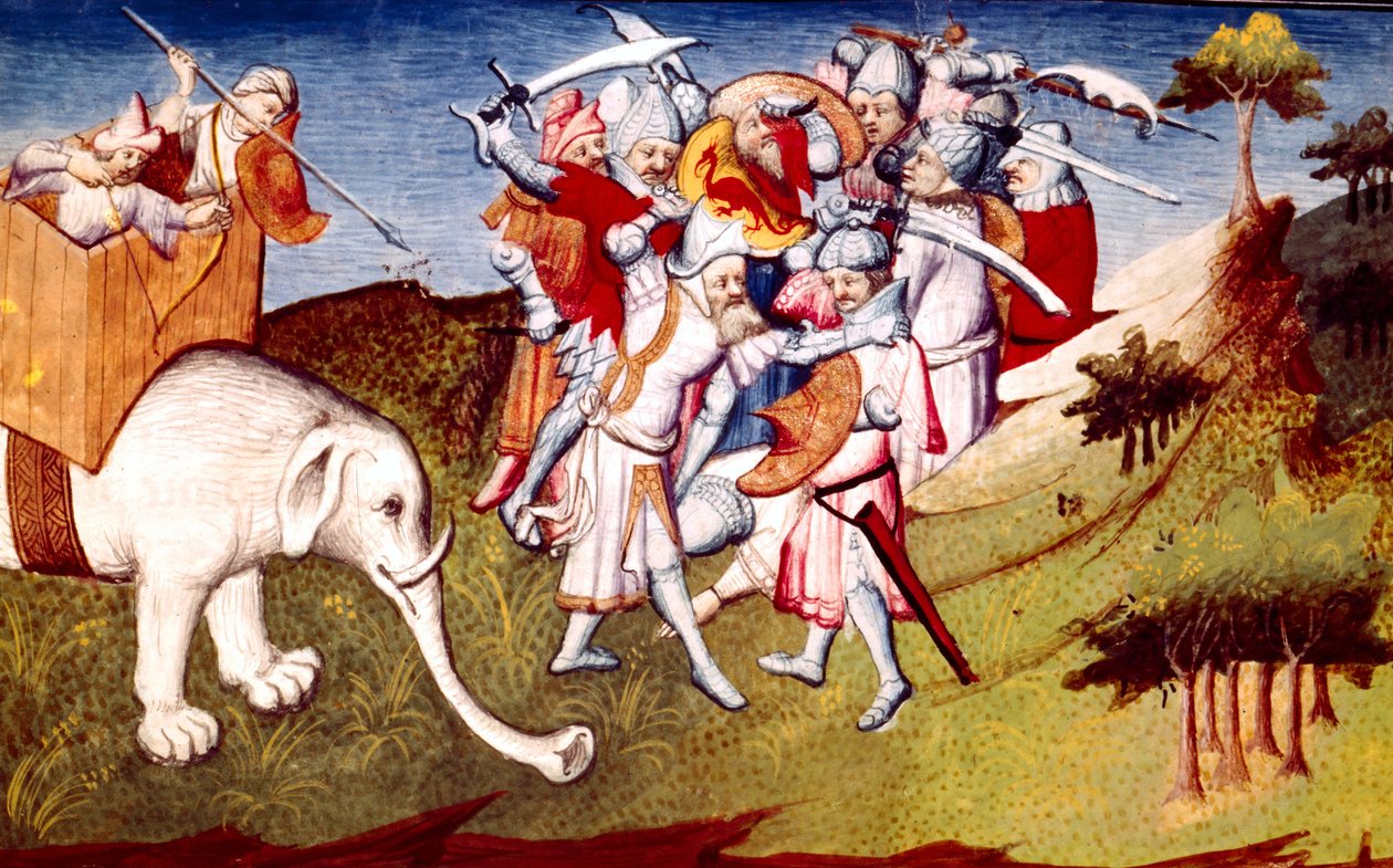 सुश्री एफआर 2810 f.33, चंगेज खान और उनके चाचा नोउर्न के बीच लड़ाई में मार्को पोलो, लिवर डे मर्सिल्स डू मोंडे से चित्रण, c.1410-12 (वेल्लम पर स्वभाव) द्वारा फ्रेंच स्कूल