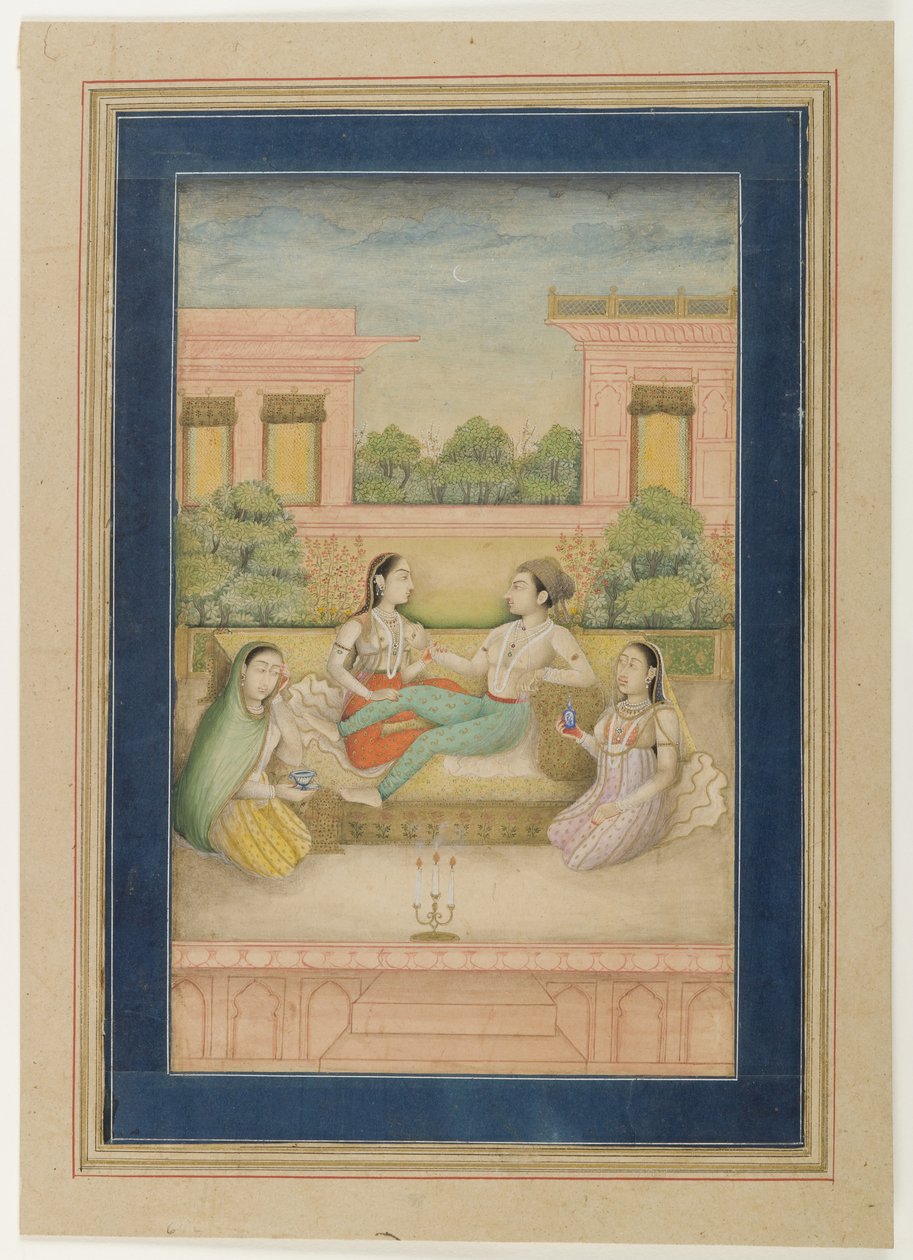 टैरेस पर एक राजकुमार और उसकी सहमति, c.1800 (कागज पर अपारदर्शी wc) द्वारा इंडियन स्कूल