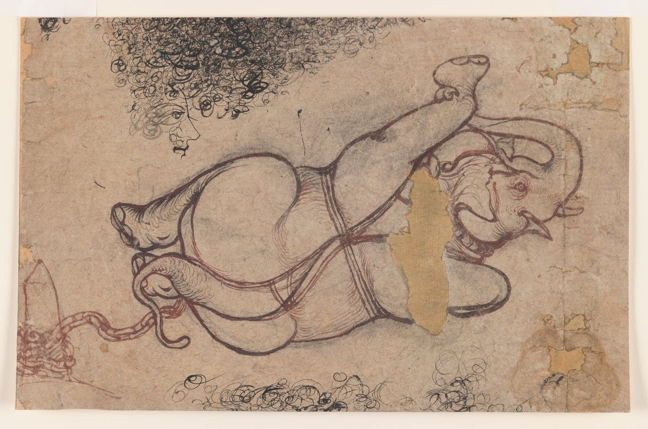 जंजीरों में हाथी, c.1780 (कागज पर लाल और काले) द्वारा इंडियन स्कूल